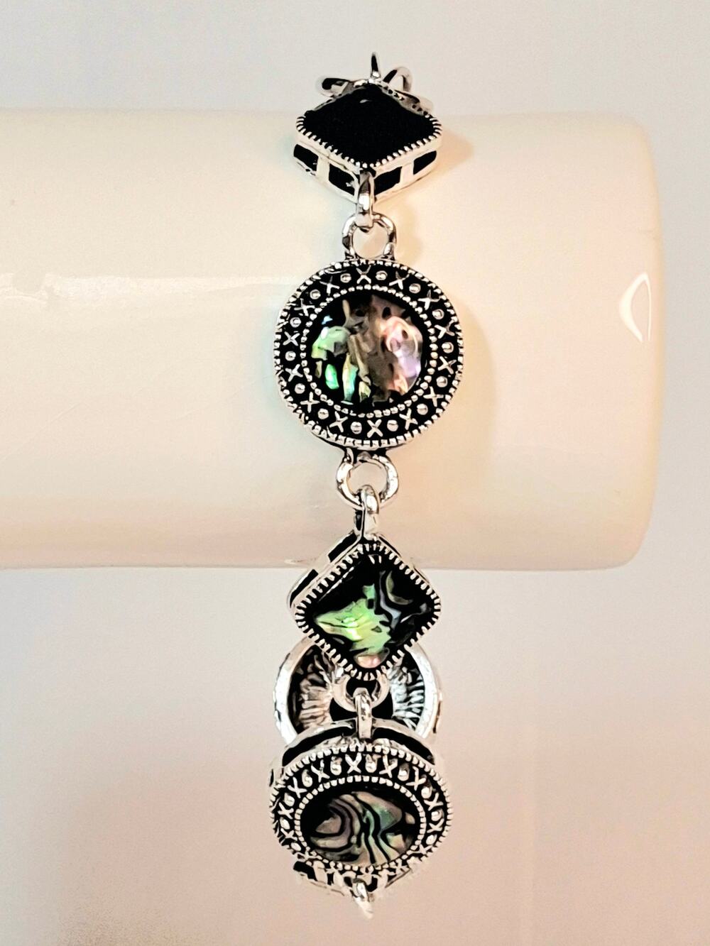 Antiqued Silver Tone Halo Abalone Shell Geometric Stone Bracelet
